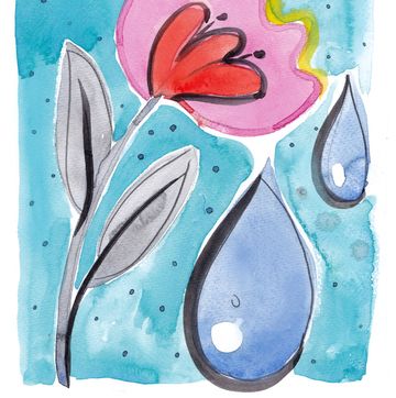 a watercolor painting of a flower and two large drops of water